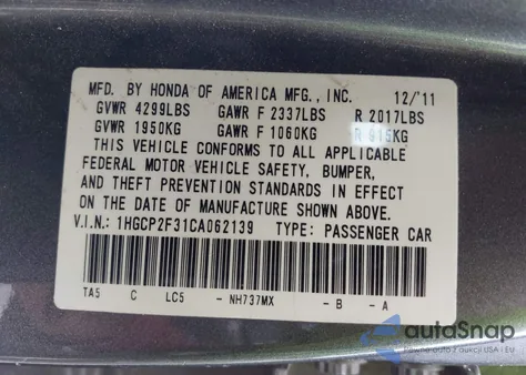 2012 Honda Accord 2.4 Lx from USA, damaged, VIN 1HGCP2F31CA062139